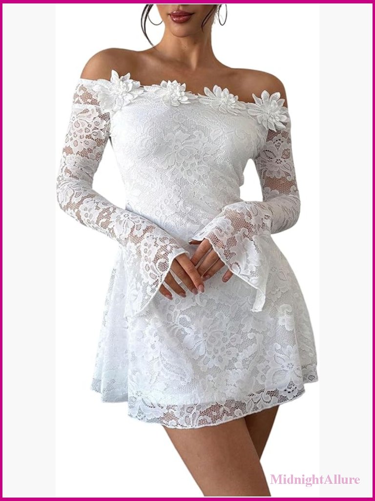 3d Floral Mesh Off Shoulder Long Bell Sleeve Ruffle A Line Mini Dress